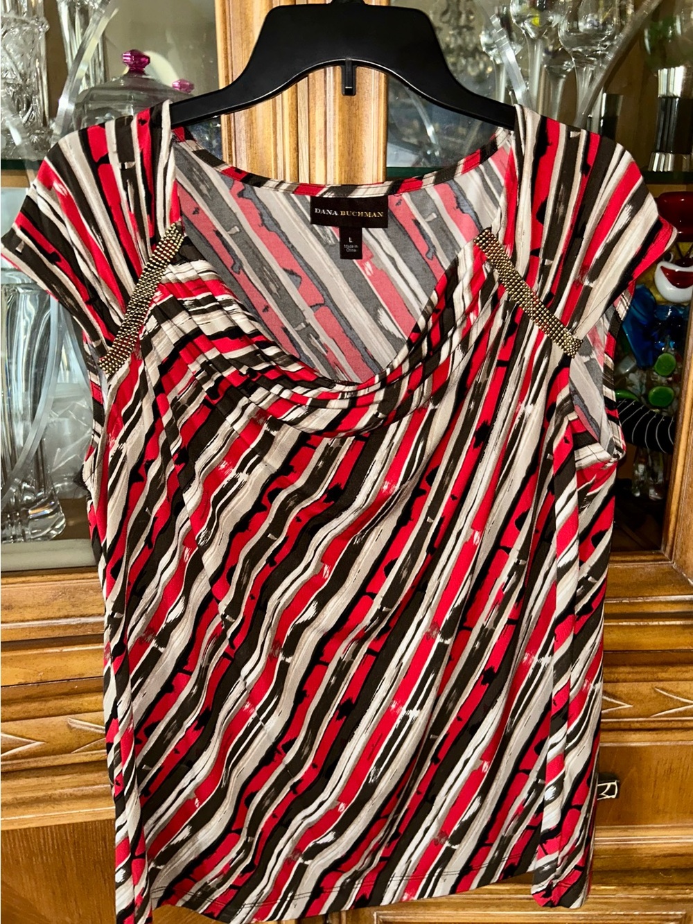 Dana Buchman Red Black and Cream Striped Cowl Neck Cap-Sleeve Top
